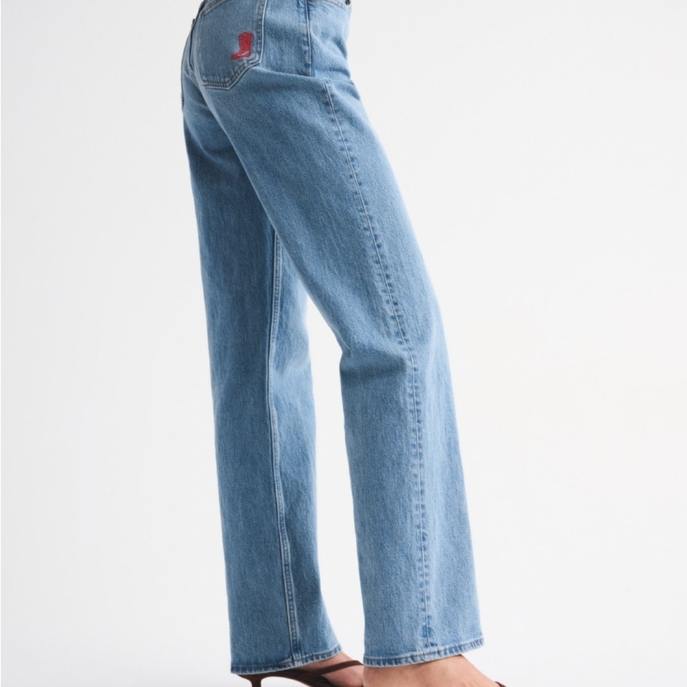 Abercrombie & Fitch Light Blue Boot Cut Jeans with Red Boot Embroidery Long - Picture 4 of 7